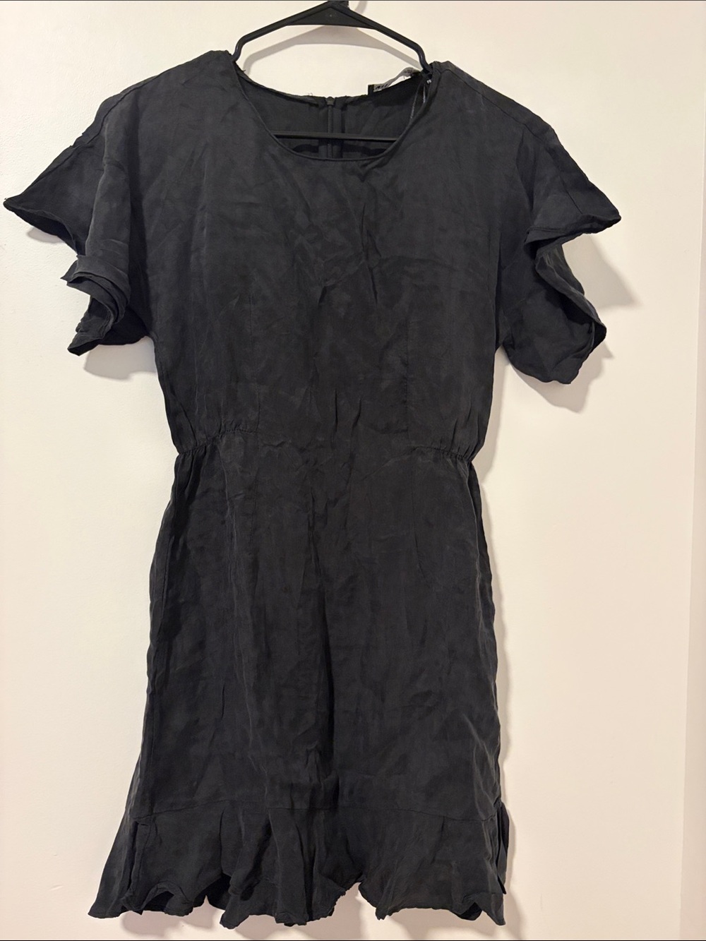 Zara Black Mini Dress Flutter Sleeves Frilled Hem Size XS